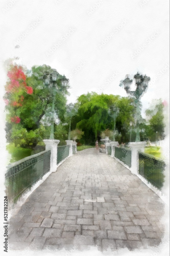 landscape of ancient european architecture in the park watercolor style illustration impressionist painting. landscape of ancient european architecture in the park watercolor style illustration impressionist painting.