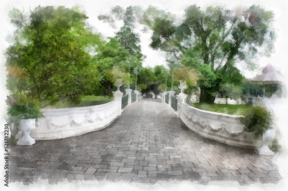 landscape of ancient european architecture in the park watercolor style illustration impressionist painting.