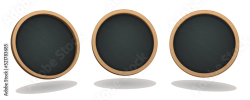 A set of round chalkboards from different angles. Realistic wooden frame, traces of chalk on the board. Bar signage for drinks, cocktails, dish of the day. Realistic street sign. Eps10 vector