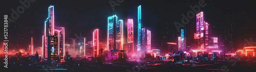 Neon night city of the future. Night panorama of the city  neon light  lights of a large metropolis  high-rise buildings. 3D illustration