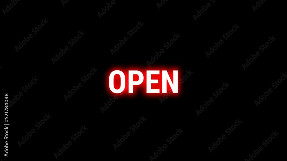 Open sign in neom red and black background. Open sign animation with effect Open sign in neom red and black background. Open sign animation with effect