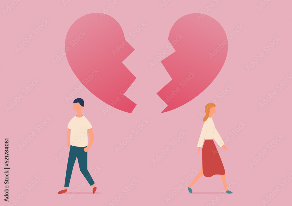 a couple walk away due to breakup under a heart is breaking, end of relationship concept illustration - obrazy, fototapety, plakaty 