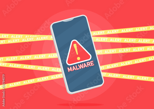 Alert notification of malware attack with exclamation sign on the smar tphone screen. photo