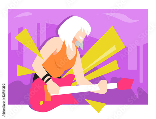 illustration of a female guitarist or bassist with short hair performing. purple background, stage. suitable for theme concert, band, music, rock, star, singer, technology etc. flat vector style