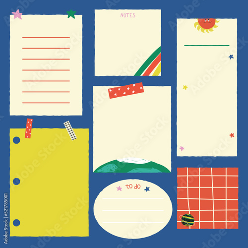 Funny cartoon set of paper notes with space doodle elements. Kids graphic with stars and planets. Vector hand drawn illustration.