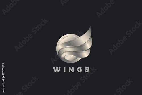 Wings Logo in Circle design vector template 3D Metallic Style. Metal Wing Steel Mascot Emblem