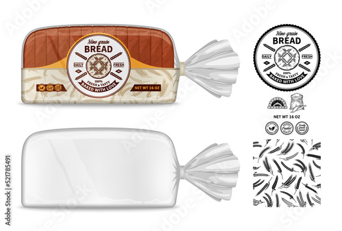 Vector bread packaging design. Transparent plastic bag packaging mockup
