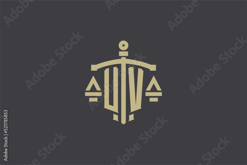 Letter UV logo for law office and attorney with creative scale and sword icon design