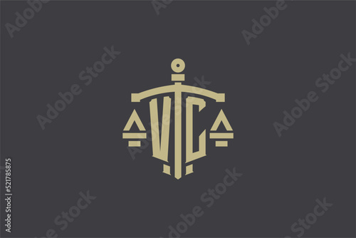 Letter VC logo for law office and attorney with creative scale and sword icon design