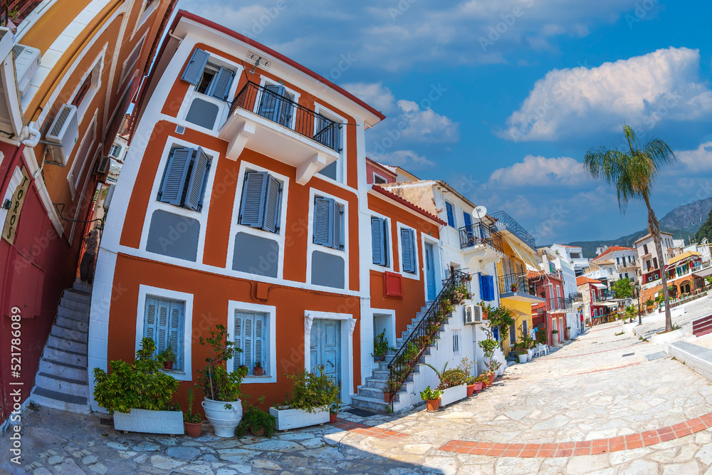 Parga, Greece, with traditional Greek colorful neoclassical mansions