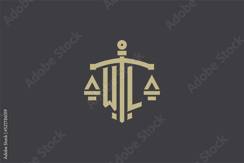 Letter WL logo for law office and attorney with creative scale and sword icon design