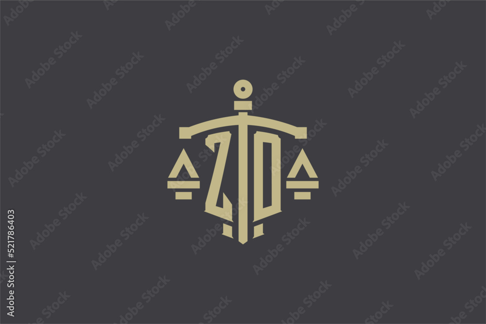 Letter ZO logo for law office and attorney with creative scale and sword icon design - obrazy, fototapety, plakaty 
