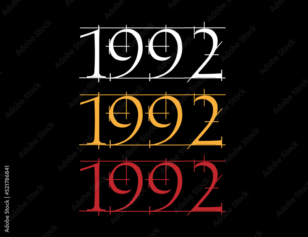 Scratched font year 1992. Numeral in white, orange and red on black background. Scratched font year 1992. Numeral in white, orange and red on black background.