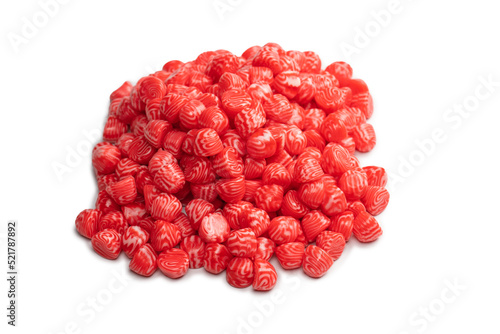 Red round tasty gummy candies islolated on a white background.