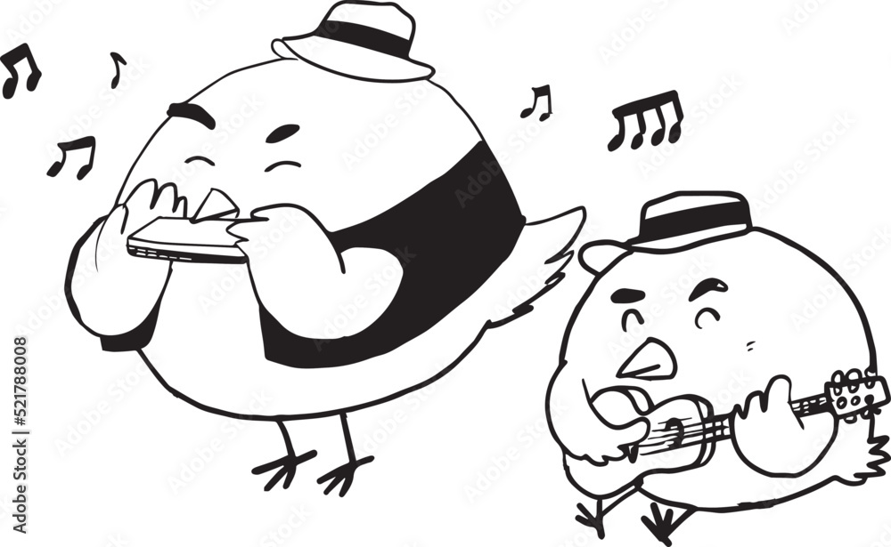 Fototapeta premium Two cartoon birds happily playing music together