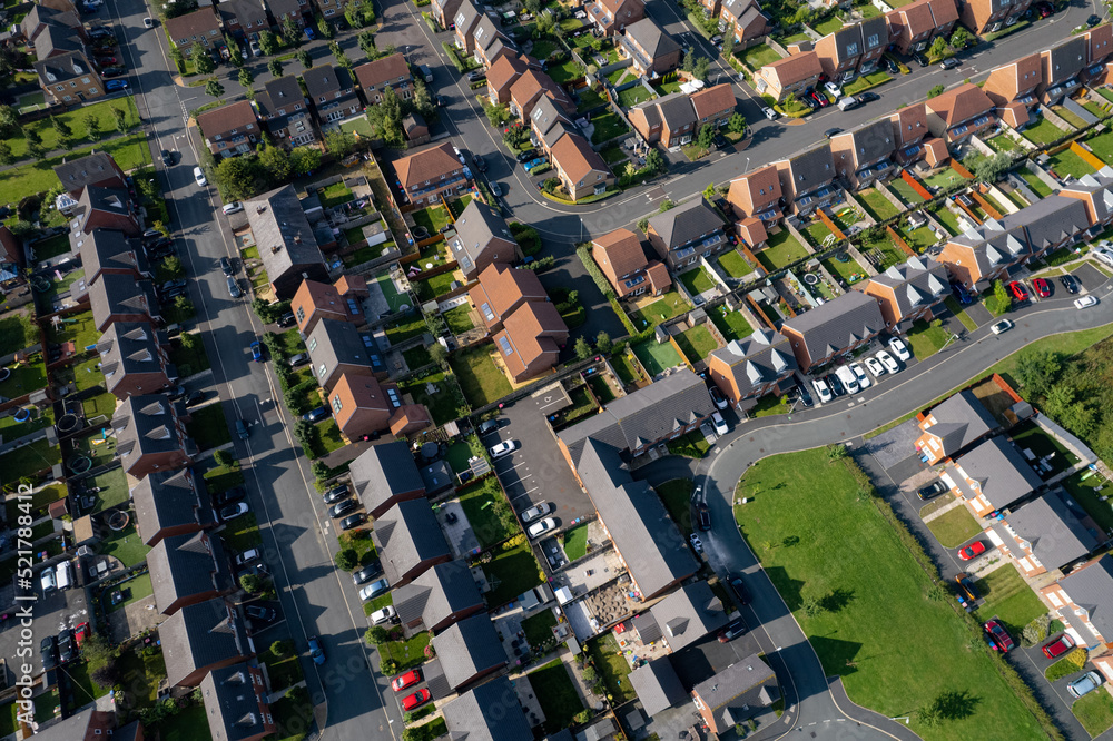 Obraz premium Aerial Houses Residential British England Drone Above View Summer Blue Sky Estate Agent 2022..