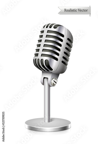 3d realistic vector icon. Music microphone, vintage old style. Isolated on white background.