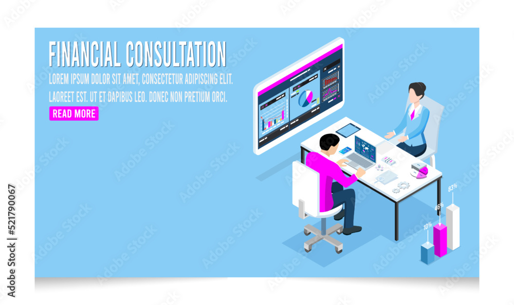 3d isometric of Financial Consultation concept with Financial experts and clients discuss personal money advice and investment management. Vector illustration eps10