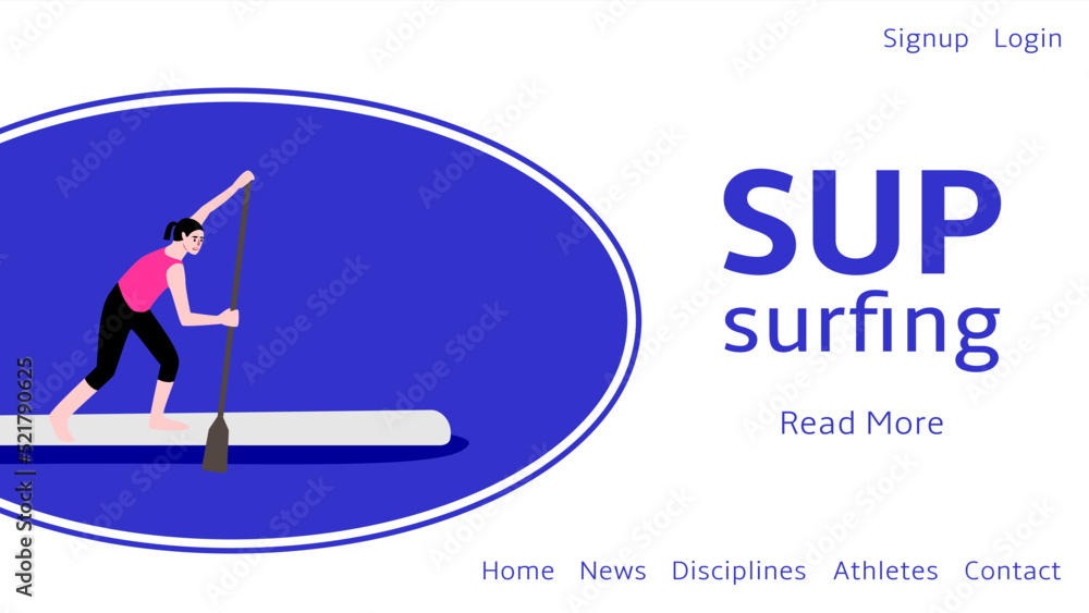 Sup surfing classes. Web banner. A woman is rowing standing on a board. Vector flat illustration. Sup surfing classes. Web banner. A woman is rowing standing on a board. Vector flat illustration.