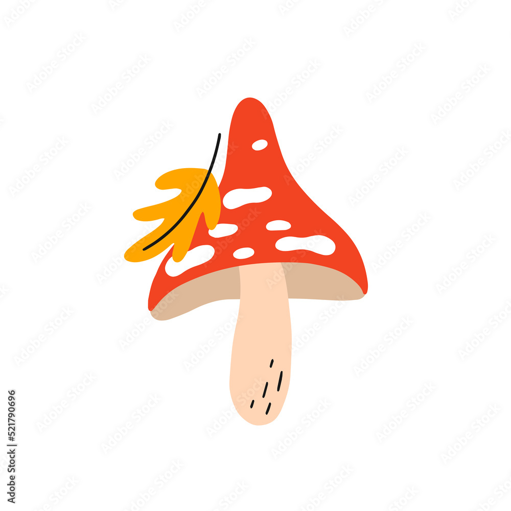 Wild fly agaric with yellow leaf in doodle style. Cute vector illustration isolated on a white background. Red mushroom for your children design - poster, card, bag, t shirt, playroom Wild fly agaric with yellow leaf in doodle style. Cute vector illustration isolated on a white background. Red mushroom for your children design - poster, card, bag, t shirt, playroom