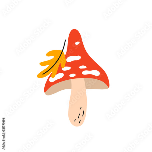 Wild fly agaric with yellow leaf in doodle style. Cute vector illustration isolated on a white background. Red mushroom for your children design - poster, card, bag, t shirt, playroom