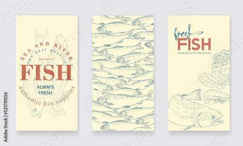 A set of vertical flyers for advertising a fish shop or seafood market. Fresh fish illustrations. Seafood labels for groceries, fisheries, fish store.