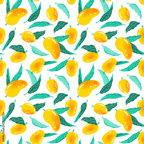 Botanical seamless pattern with tropical yellow mango and green leaves on a white background. Ideal for fabric, textile, wallpaper, scrapbooking, wrapping paper, invitation and party decoration