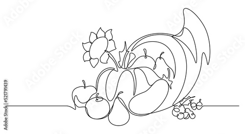 continuous line drawing style of cornucopia vector illustration. thanksgiving day background minimalism copy space.