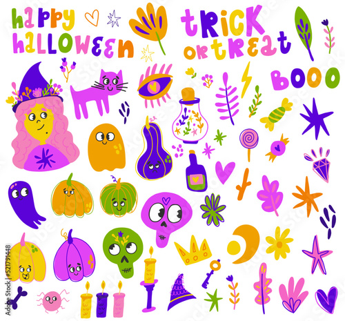 Set of cute, colorful, vector elements for Halloween with a lot of designs, cat, witch, pumpkin, ghosts, star, trendy colors