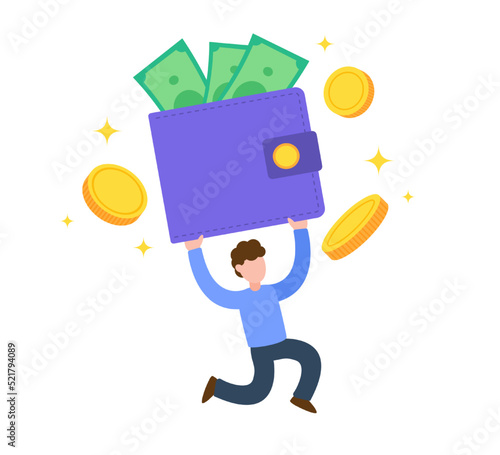 A man holds a money wallet or purse with golden coins and banknotes. Creative financial concept of wealth, rich or savings.  Simple trendy cute cartoon vector illustration. Flat graphic design.