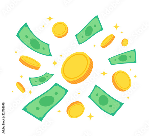 Group of floating golden money coins and banknotes. Creative financial concept of wealth, rich or savings. Trendy cute cartoon object vector illustration. Graphic design element icon.