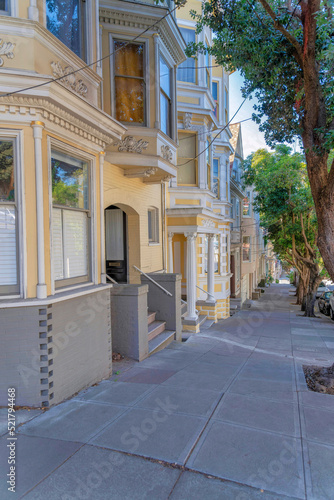 Row of houses near the concrete side walk along the columnar trees at San Francisco, CA © Jason