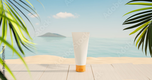 sunprotection product mock up, beautiful beach with product presentation mock up, 3d illustration rendering