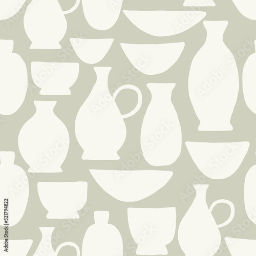 Hand painted seamless pattern with ceramic pottery in white on beige background.