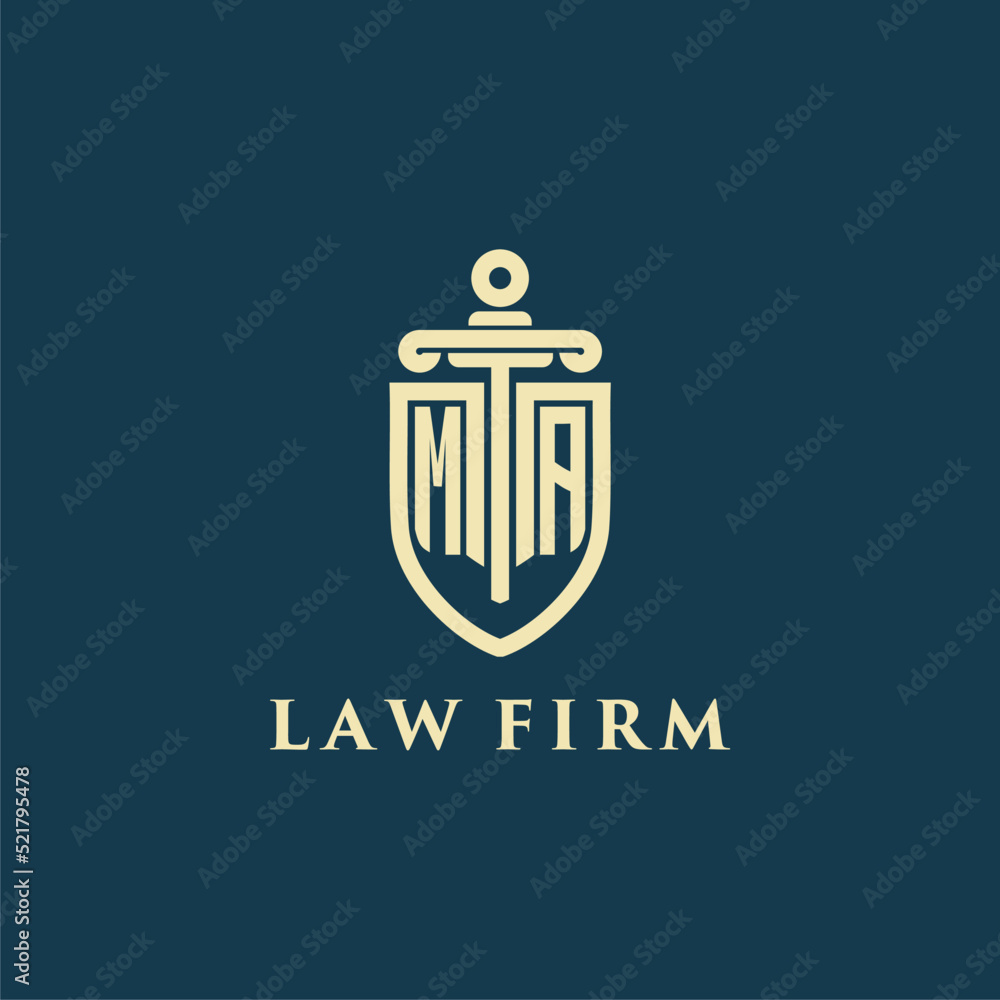 MA initial monogram for law firm with sword and shield logo image - obrazy, fototapety, plakaty 