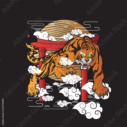 tiger illustration with japanese style background

