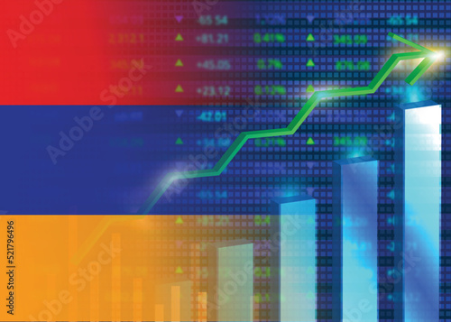 Armenia's economic growth.Armenia's stock market.Armenian flag with charts,growth arrow