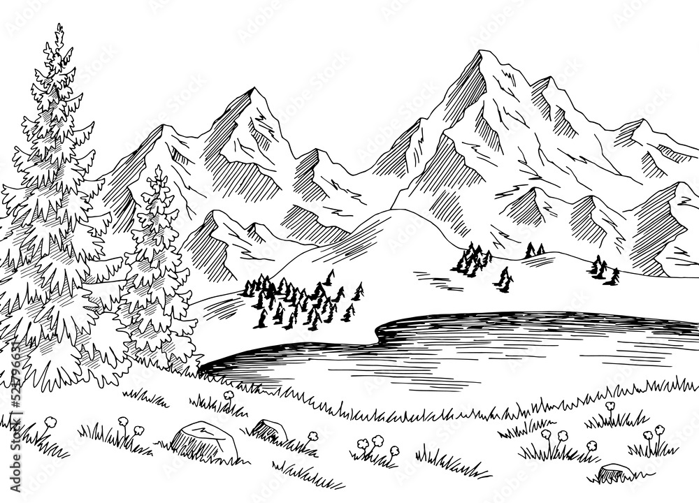 Mountain lake graphic black white landscape sketch illustration vector