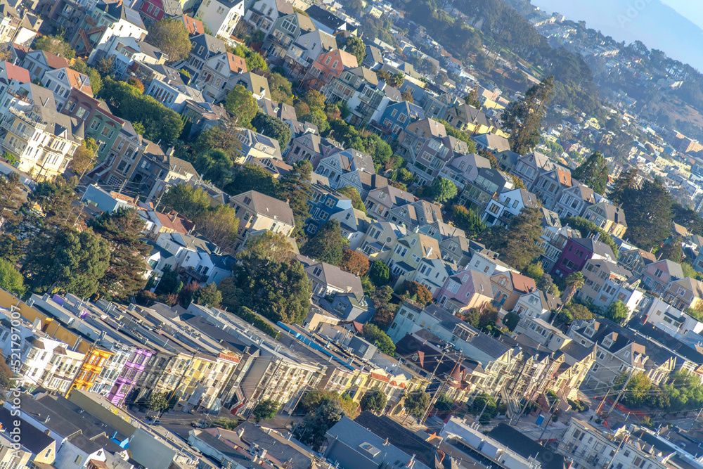Slanted angle view of rows of a residential buildings in San Francisco, California