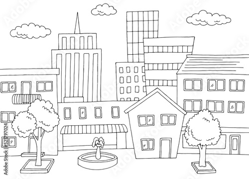 City graphic black white cityscape skyline sketch illustration vector © aluna1