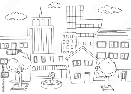 City graphic black white cityscape skyline sketch illustration vector 