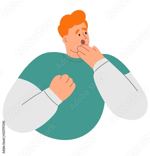 Shocked person with amazed face expression. Reaction to unpleasant unexpected surprise, thunderbolt. Man with startling emotion, open mouth. Flat illustration isolated on white background