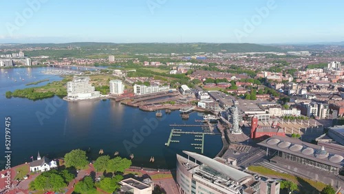 Cardiff, UK: Aerial view of capital city of Wales, coastal area around Cardiff Bay - landscape panorama of United Kingdom from above photo