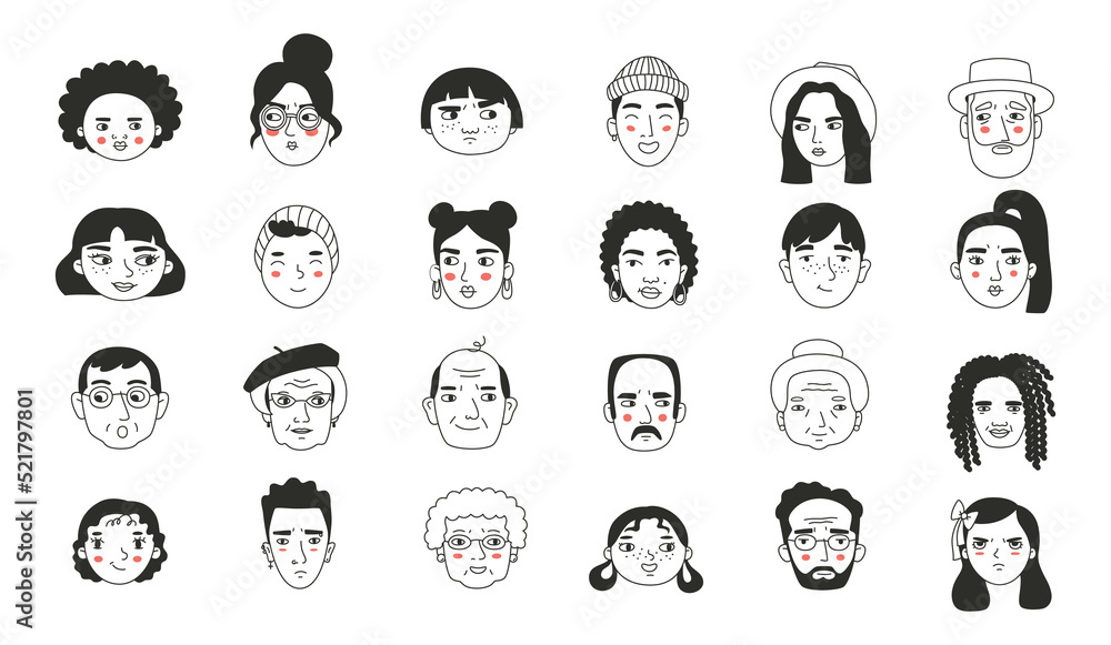 Set of different people s faces, human avatars collection. Different emotions, portrait with a positive facial expression. Set of different people s faces, human avatars collection. Different emotions, portrait with a positive facial expression.