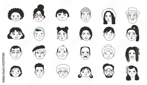 Set of different people s faces, human avatars collection. Different emotions, portrait with a positive facial expression.