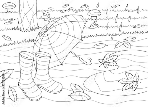 Autumn coloring graphic black white landscape sketch illustration vector