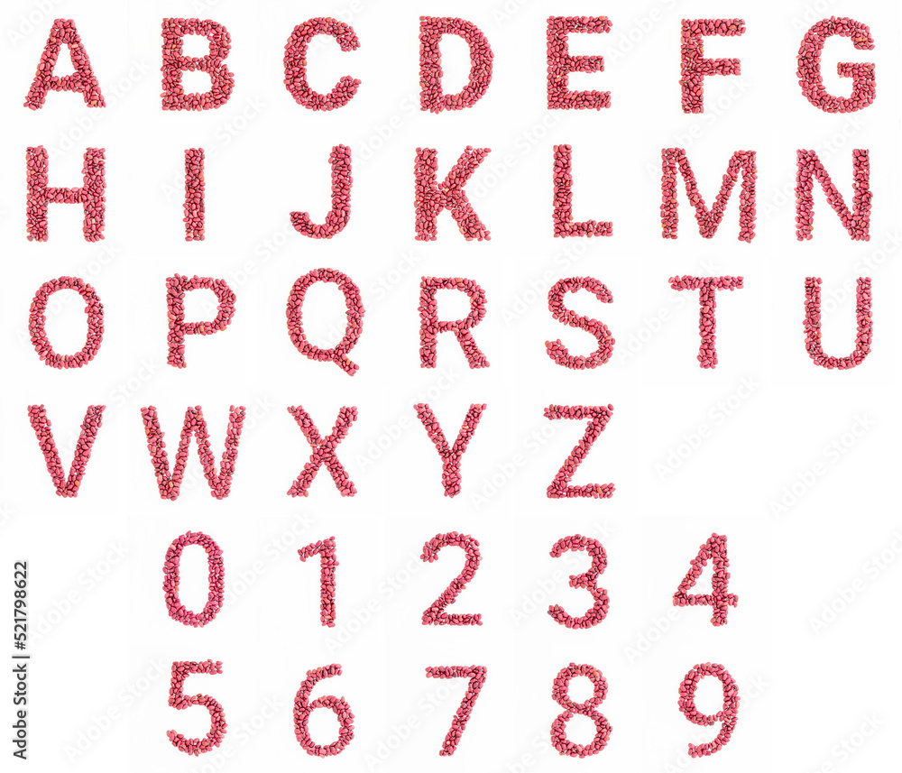 Alphabet from red kidney beans. Beans font. White background. Bright font for menu or food blog. Lettering design element Alphabet from red kidney beans. Beans font. White background. Bright font for menu or food blog. Lettering design element
