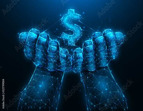 Hands holding dollar symbol polygonal vector illustration on dark blue background. Concept of investing or saving money. Business and finance template, banner or background.