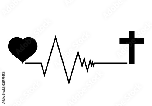 Black line heartbeat cardiograph with heart and christian crucifix cross religion death concept heart disease on white background icon vector design.