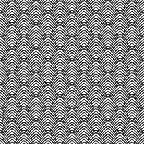 Fish, dragon, snake scales seamless vector pattern. Repeated black curves, isolated on white background.